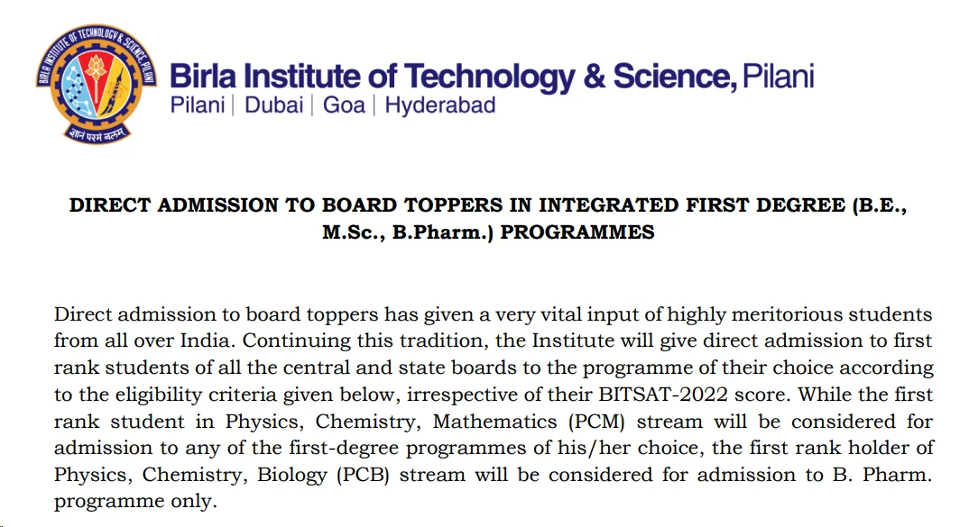 Direct Admission for Board Toppers