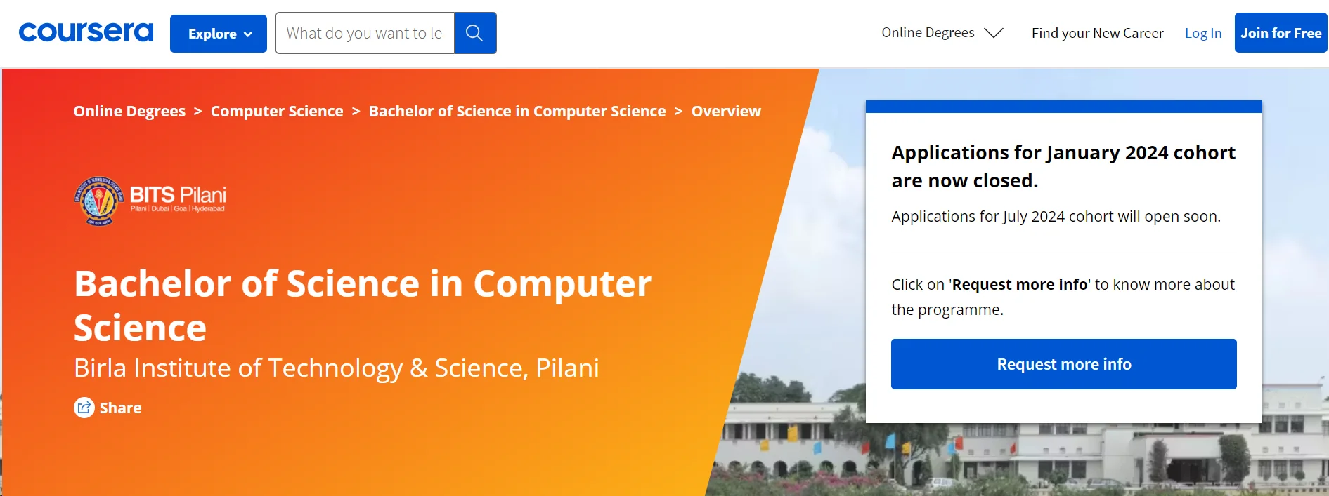 BITS Pilani BSc in Computer Science offered by Coursera