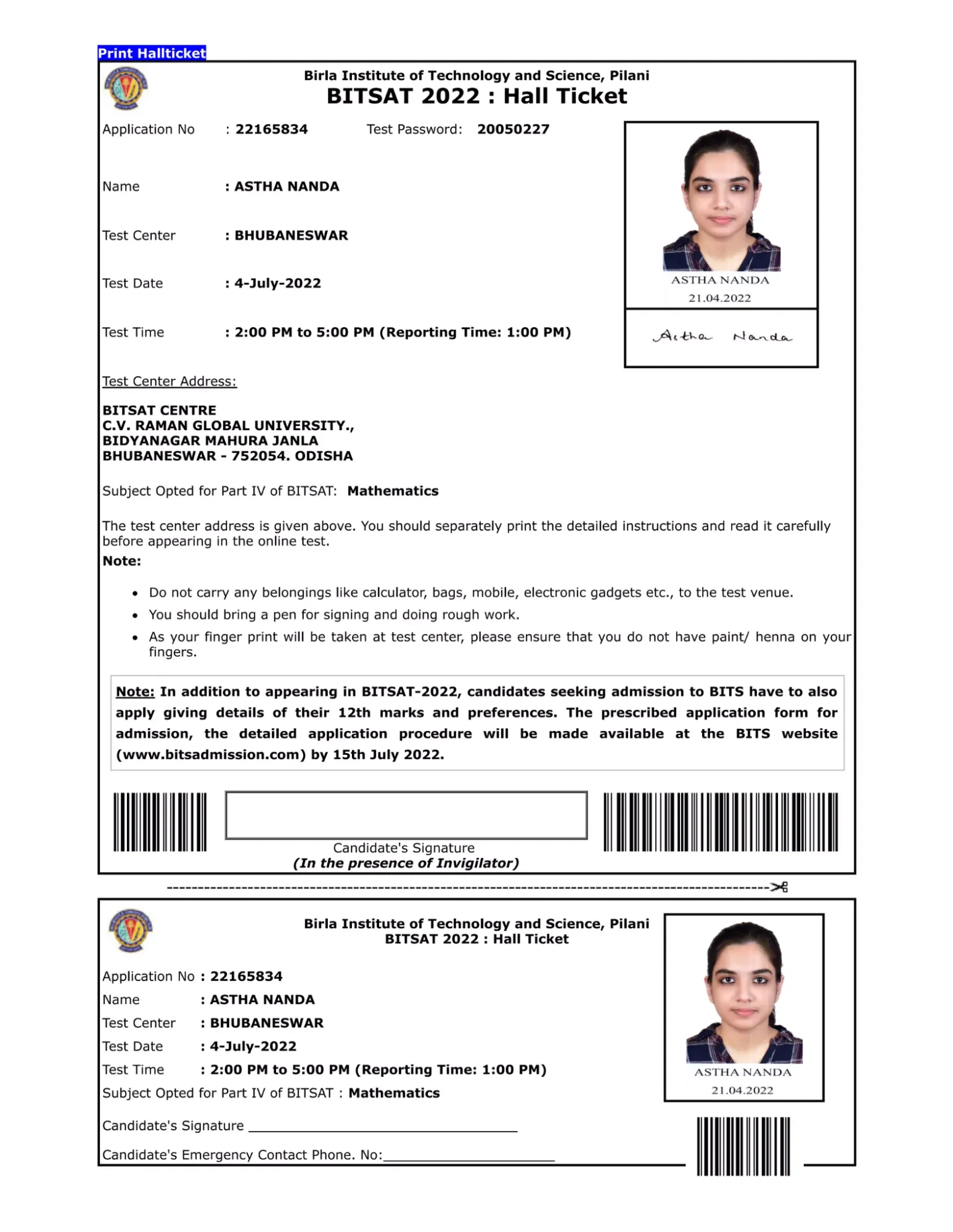 Downloading and Printing the Admit Card